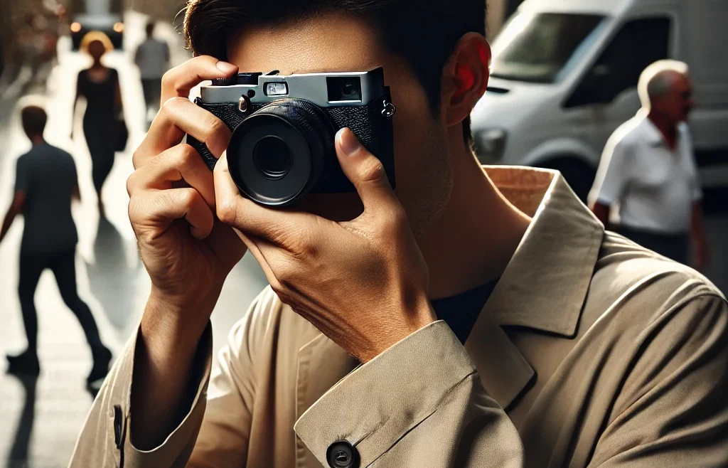 A discreet photographer capturing candid photos in an urban environment. The photographer is using a compact camera, blending into the surroundings.