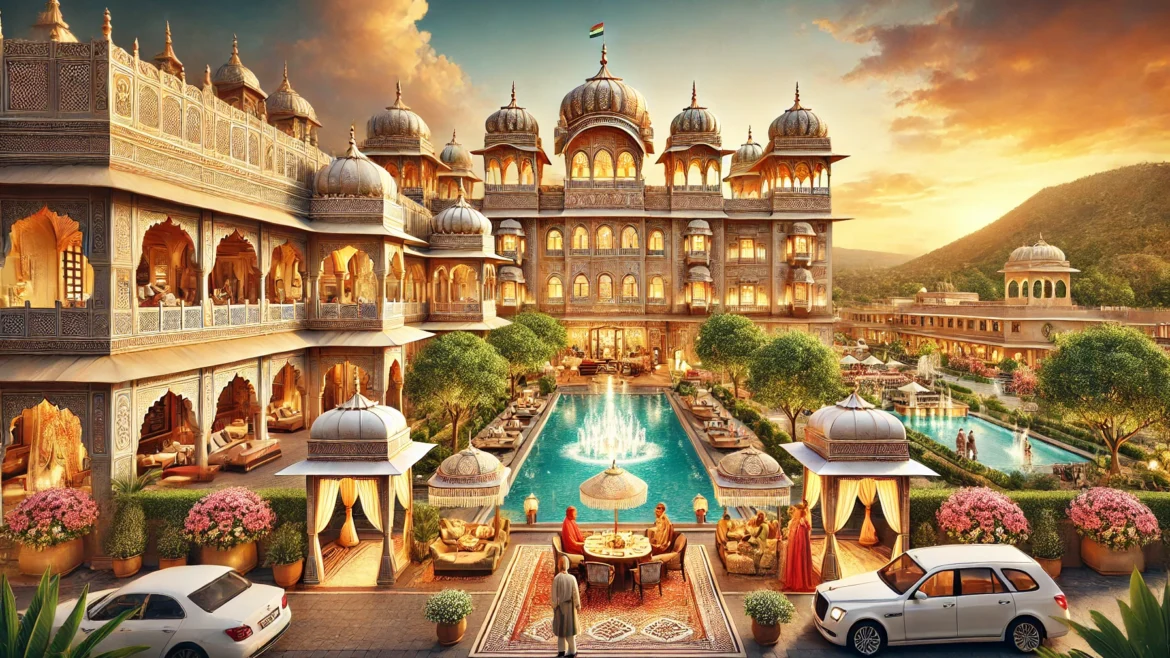 A grand depiction of luxury hotels in Jaipur, India, featuring an opulent palace-style architecture with intricate carvings, domes, and arches.