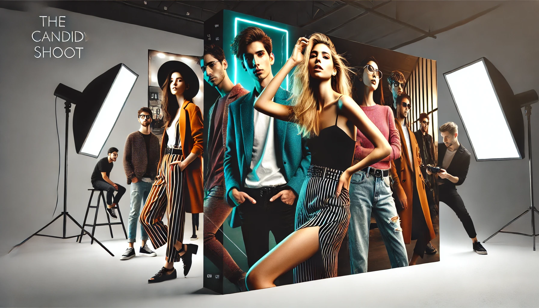 A modern and vibrant website cover picture showcasing model photography and bold model photography for an agency named 'The Candid Shoot.