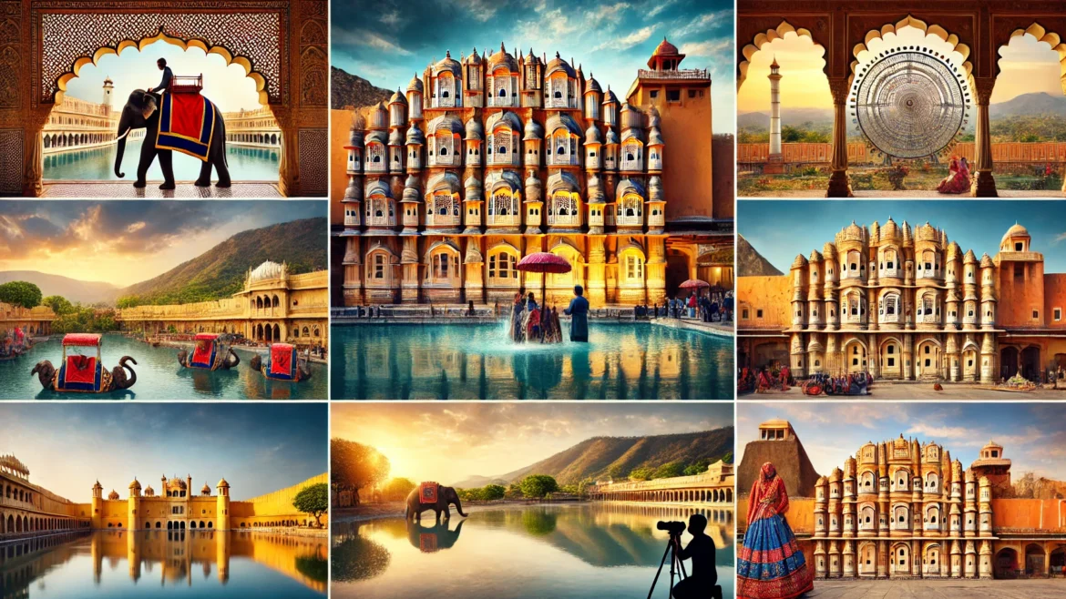 A picturesque collage of iconic locations for photography in Jaipur, India. The scene features landmarks like the Hawa Mahal with its intricate