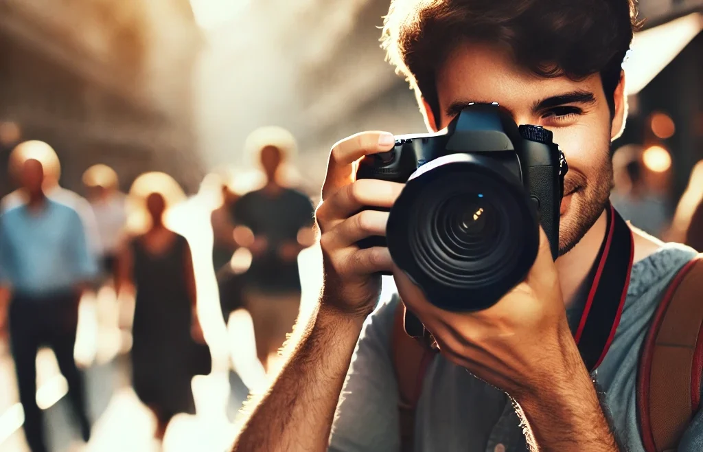 A professional photographer capturing a candid moment on a busy street. The image features a DSLR camera in focus, with a blurred background of people. Candid Photography