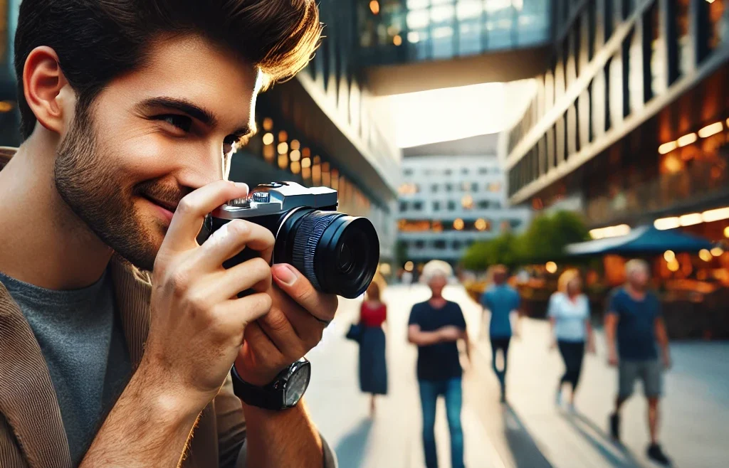 A professional photographer capturing stunning candid shots in an outdoor urban setting. The scene features a well-composed image where natural light.