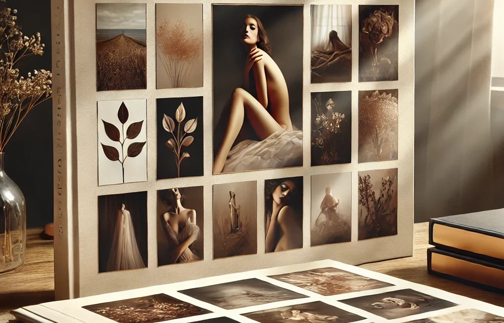 A beautifully designed photography portfolio featuring intimate and artistic photographs. The portfolio is displayed on a stylish desk with soft light.