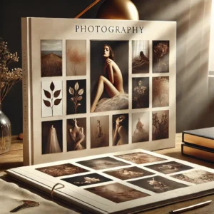 A beautifully designed photography portfolio featuring intimate and artistic photographs. The portfolio is displayed on a stylish desk with soft light.