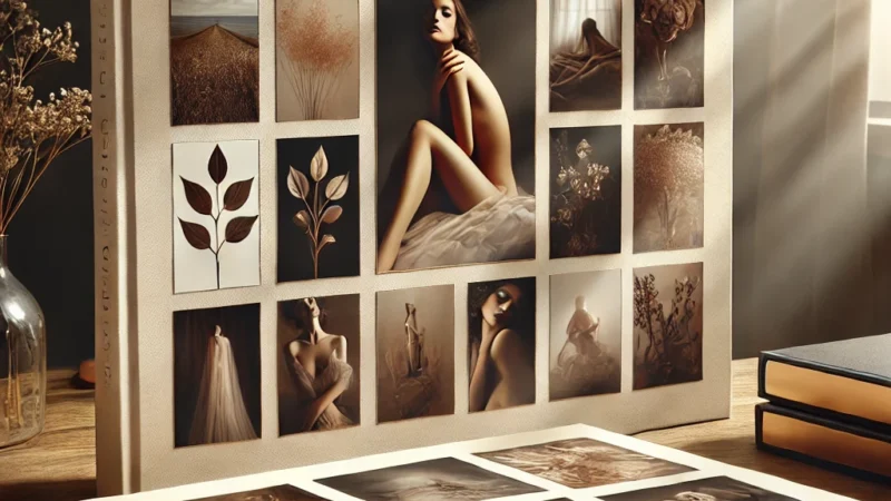 A beautifully designed photography portfolio featuring intimate and artistic photographs. The portfolio is displayed on a stylish desk with soft light.