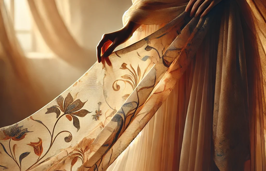A beautifully draped sarong in a sensual photoshoot setting. The scene features a soft, flowing fabric in warm, romantic lighting. The model is elegant.
