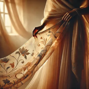 A beautifully draped sarong in a sensual photoshoot setting. The scene features a soft, flowing fabric in warm, romantic lighting. The model is elegant.