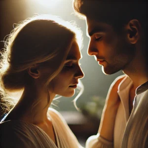 A beautifully intimate and emotional couple photography scene capturing an unscripted moment. The setting is soft and warm, with natural lighting cast.