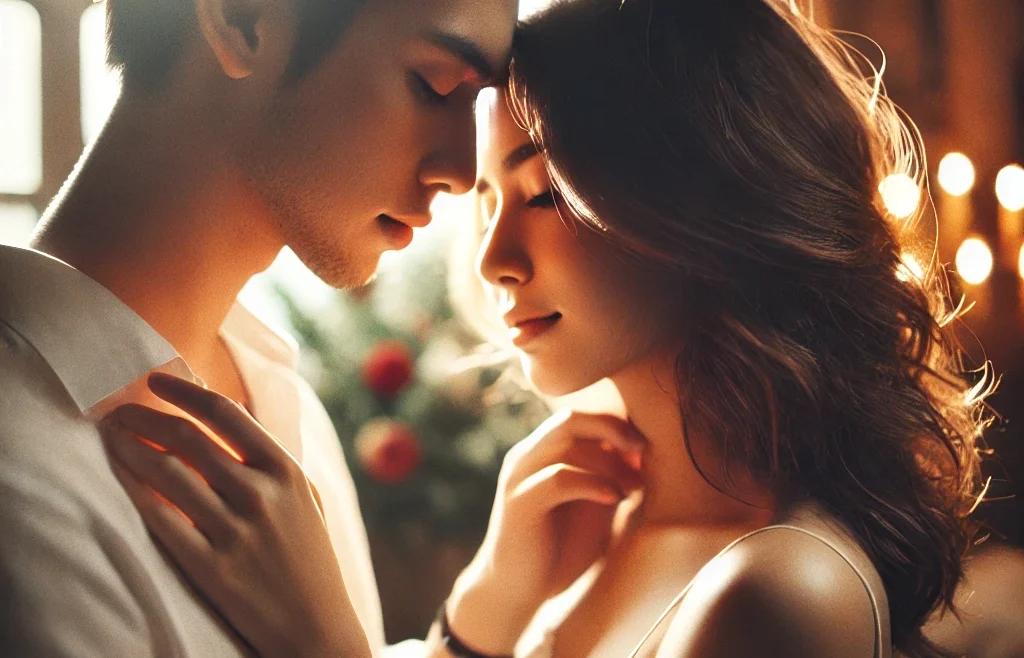 A beautifully intimate and emotional couple photography scene. The image features a softly lit setting with a couple sharing a candid, heartfelt moments.