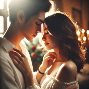 A beautifully intimate and emotional couple photography scene. The image features a softly lit setting with a couple sharing a candid, heartfelt moments.