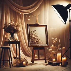 A beautifully lit fine art intimate photography setup with soft, diffused lighting creating a dreamy and elegant atmosphere.