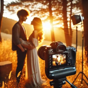 A beautifully lit outdoor romantic photoshoot scene featuring a couple during golden hour. The background showcases soft, warm sunlight filtering throw.