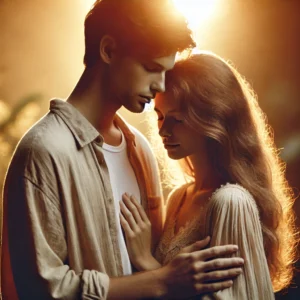 A beautifully romantic pre-wedding intimate photography scene featuring a couple in a soft, golden-hour glow. The couple shares a deep emotional moment.