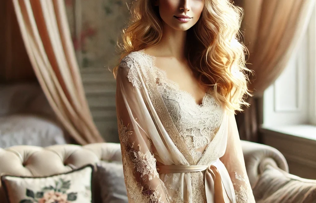 A beautifully styled boudoir photography scene featuring a confident and elegant subject in soft, natural lighting. The setting is intimate and tasteful.
