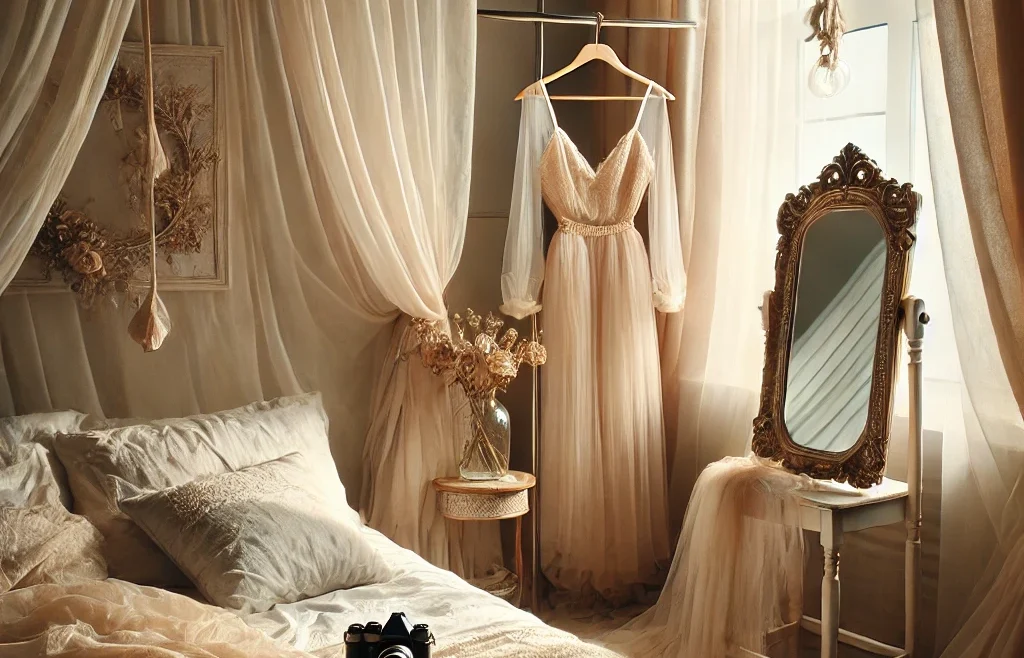 A beautifully styled home boudoir photography setup. The image features soft, natural lighting with sheer curtains allowing gentle sunlight to filter.
