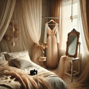 A beautifully styled home boudoir photography setup. The image features soft, natural lighting with sheer curtains allowing gentle sunlight to filter.