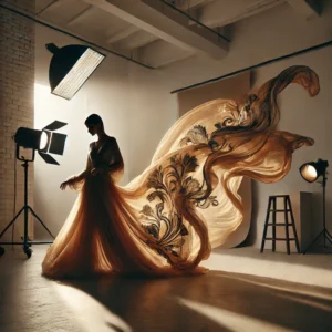 A beautifully styled photoshoot featuring a model wearing a flowing sarong, illuminated by stunning lighting techniques.
