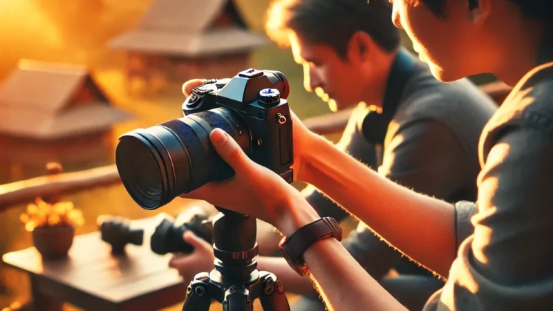 A beginner photographer learning to use a professional camera in a scenic outdoor setting. The image should include a DSLR or mirrorless camera, a tripod.