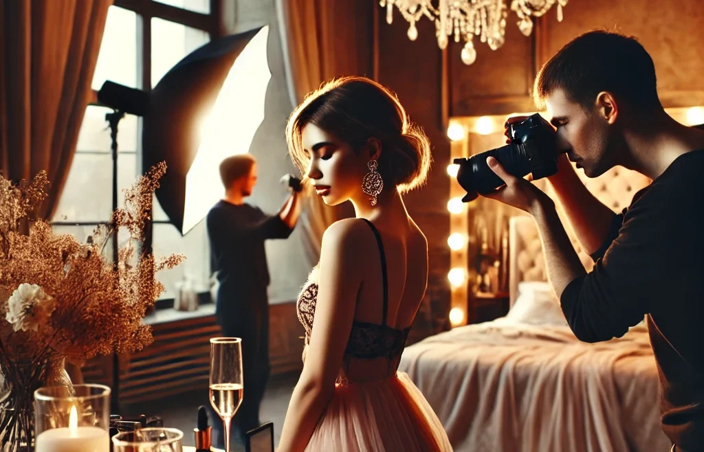 A behind-the-scenes look at a bold and boudoir photoshoot setup. The image features a softly lit studio with elegant decor, a professional photographer