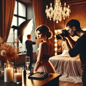 A behind-the-scenes look at a bold and boudoir photoshoot setup. The image features a softly lit studio with elegant decor, a professional photographer