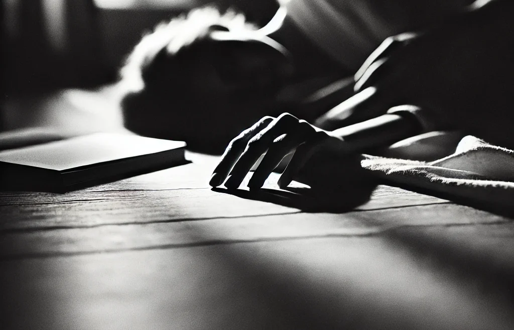 A black and white artistic photography scene showcasing an intimate moment with soft lighting and deep contrasts.