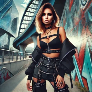 A bold and confident female model posing in an urban street fashion setting. The model wears stylish, edgy clothing with striking accessories.