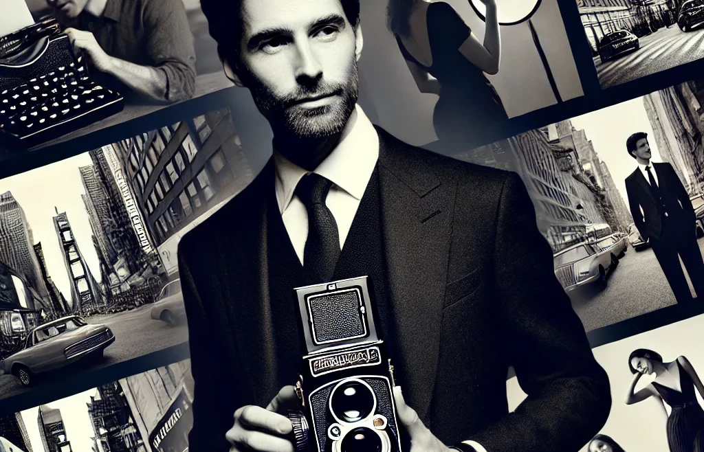 A bold and striking boudoir photography portfolio cover featuring a confident photographer holding a camera, showcasing intimate yet tasteful black-and-white image.