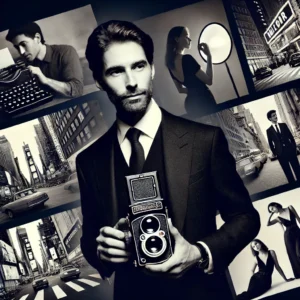 A bold and striking boudoir photography portfolio cover featuring a confident photographer holding a camera, showcasing intimate yet tasteful black-and-white image.