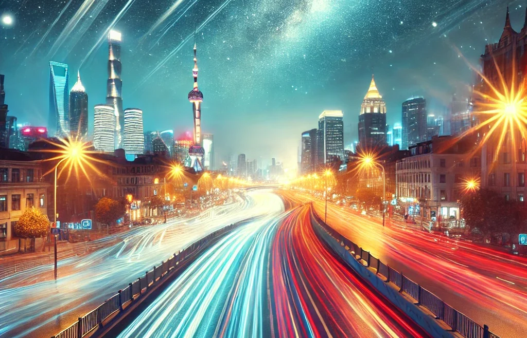 A breathtaking long exposure night photography scene, capturing light trails from moving vehicles on a city street, with a beautifully illuminated sky.