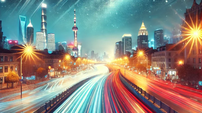 A breathtaking long exposure night photography scene, capturing light trails from moving vehicles on a city street, with a beautifully illuminated sky.