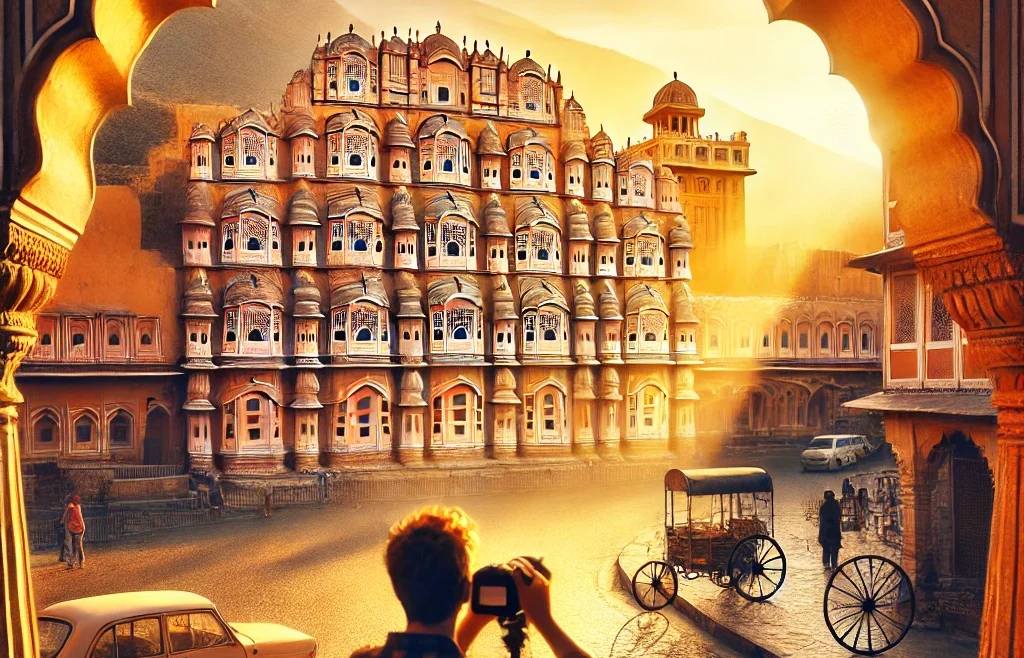 A breathtaking view of Jaipur's most iconic photography locations, including the Hawa Mahal, Jal Mahal, and Amer Fort, bathed in warm golden light.
