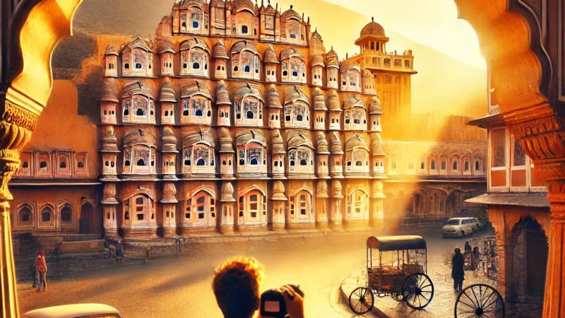 A breathtaking view of Jaipur's most iconic photography locations, including the Hawa Mahal, Jal Mahal, and Amer Fort, bathed in warm golden light.