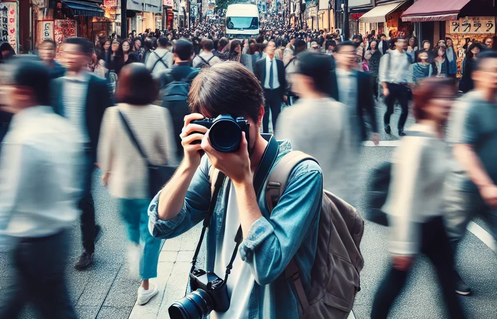 A candid street photography scene where the photographer blends seamlessly into the crowd. The image features a bustling urban setting with people engaging.