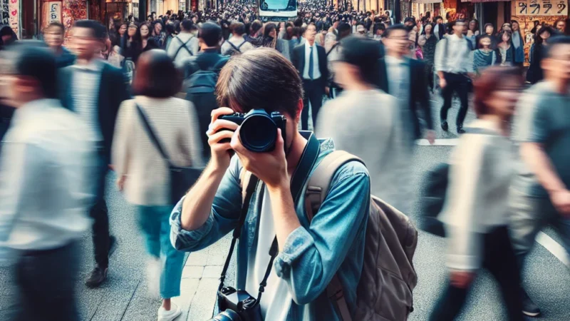 A candid street photography scene where the photographer blends seamlessly into the crowd. The image features a bustling urban setting with people engaging.