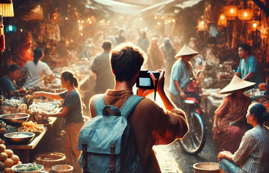 A candid travel photography scene capturing a lively marketplace. The image features people engaged in daily activities, vibrant stalls, and rich cult.