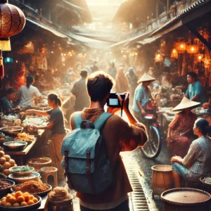 A candid travel photography scene capturing a lively marketplace. The image features people engaged in daily activities, vibrant stalls, and rich cult.