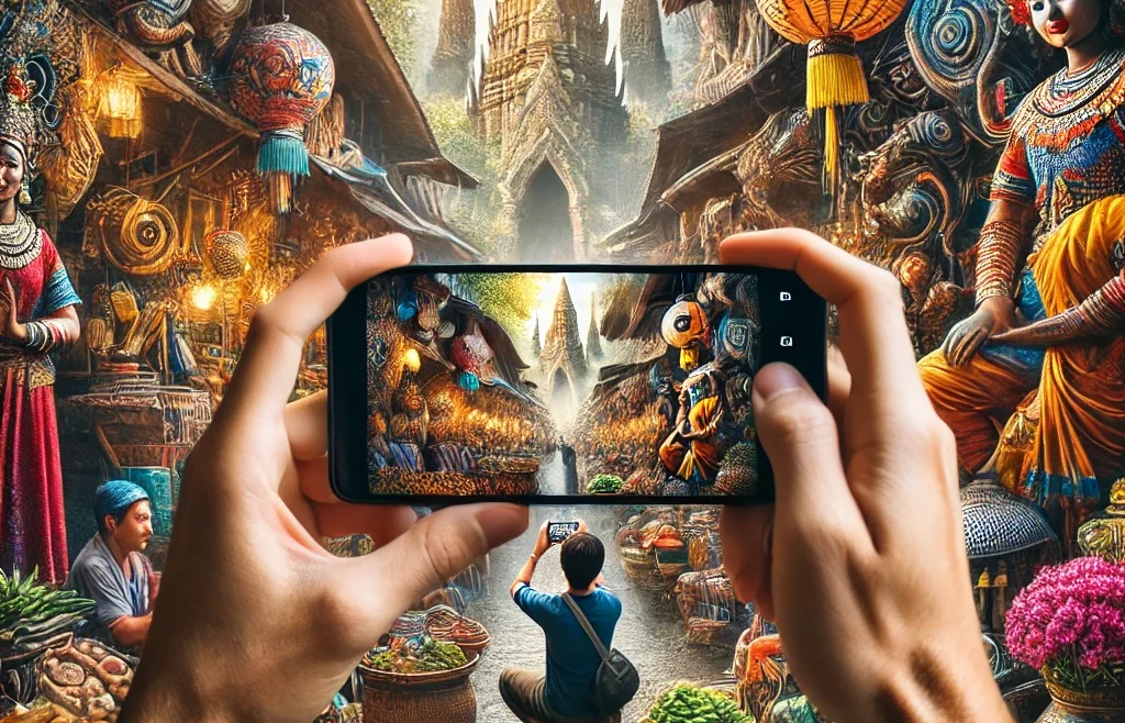 A captivating travel photography scene that tells a story. The image features a traveler taking a photo of a vibrant marketplace, with expressive location.