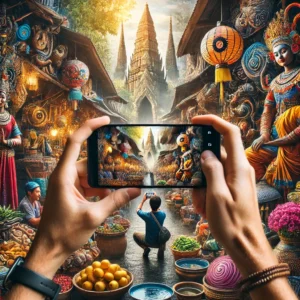 A captivating travel photography scene that tells a story. The image features a traveler taking a photo of a vibrant marketplace, with expressive location.
