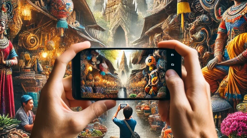 A captivating travel photography scene that tells a story. The image features a traveler taking a photo of a vibrant marketplace, with expressive location.