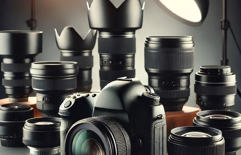 A collection of professional camera lenses for product photography displayed on a clean, well-lit surface. The setup includes a DSLR camera with various lens.