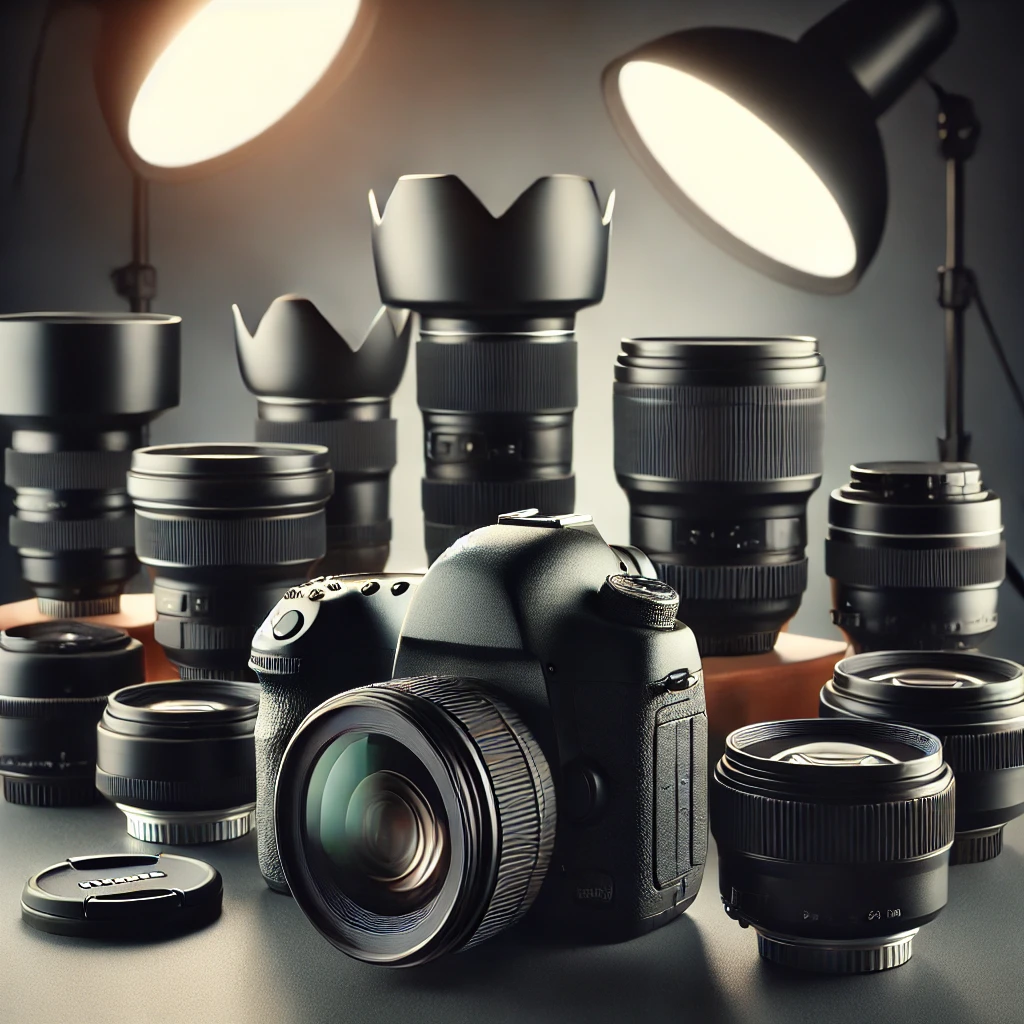 A collection of professional camera lenses for product photography displayed on a clean, well-lit surface. The setup includes a DSLR camera with various lens.