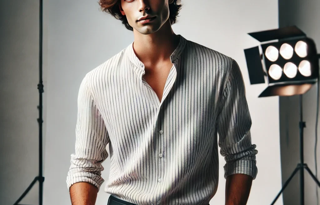 A confident aspiring model posing professionally for a portfolio shoot. The model stands against a modern studio backdrop, wearing stylish yet simple.