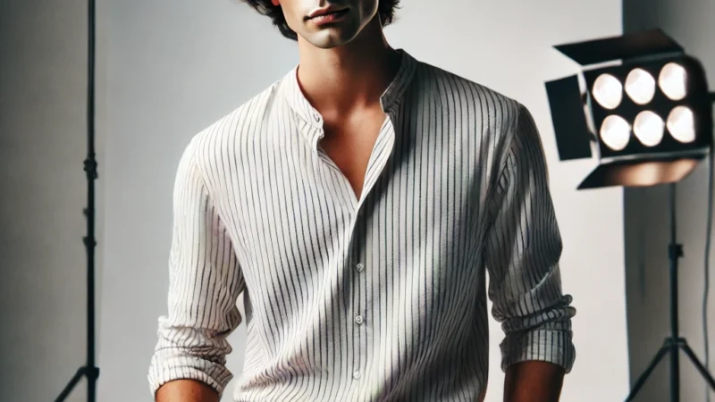 A confident aspiring model posing professionally for a portfolio shoot. The model stands against a modern studio backdrop, wearing stylish yet simple.