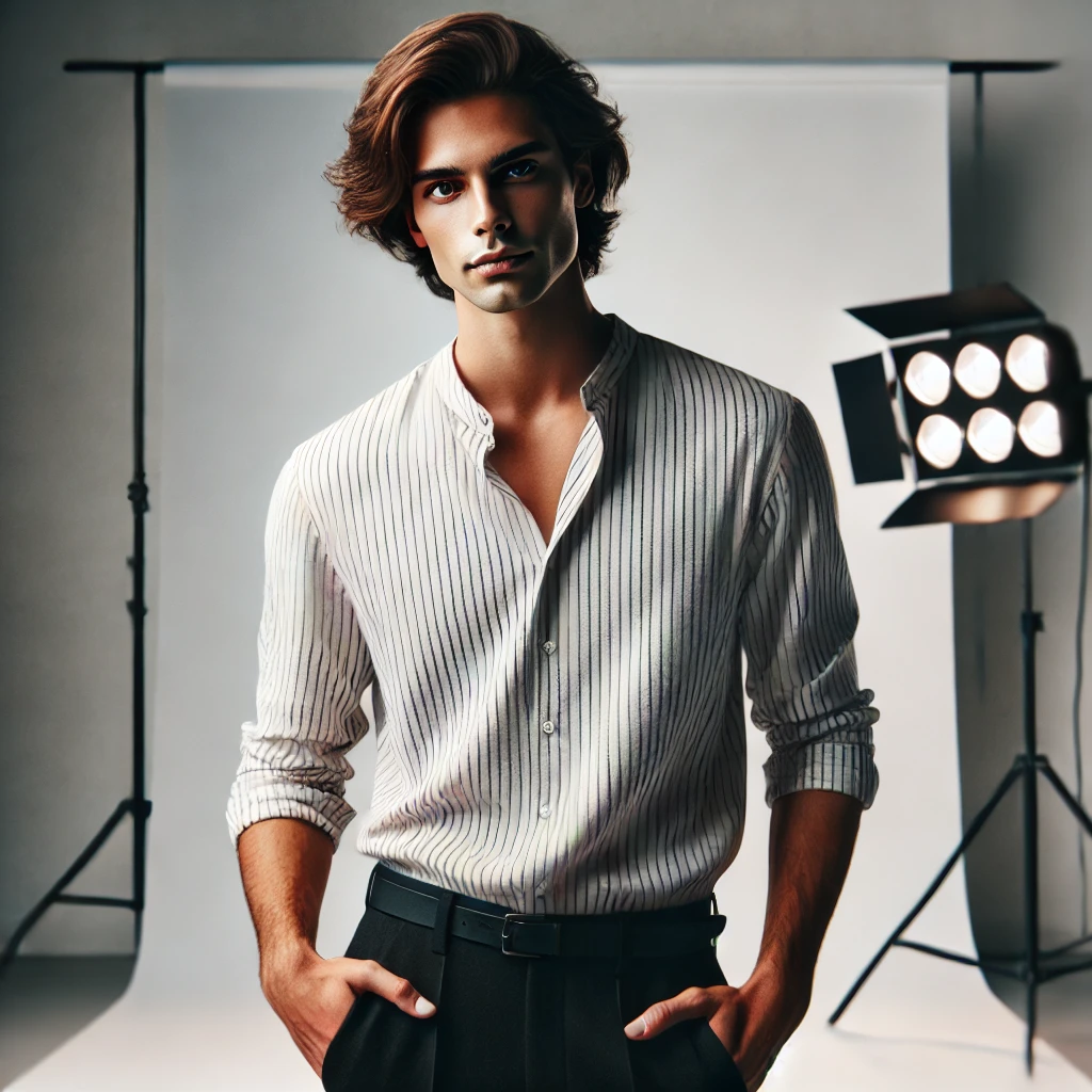 A confident aspiring model posing professionally for a portfolio shoot. The model stands against a modern studio backdrop, wearing stylish yet simple.