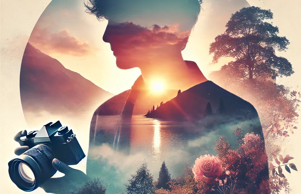 A creative double exposure photography composition featuring a silhouette of a person blended with a scenic landscape, symbolizing artistic experiment.