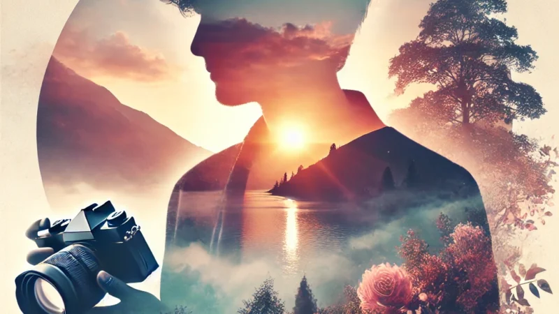 A creative double exposure photography composition featuring a silhouette of a person blended with a scenic landscape, symbolizing artistic experiment.