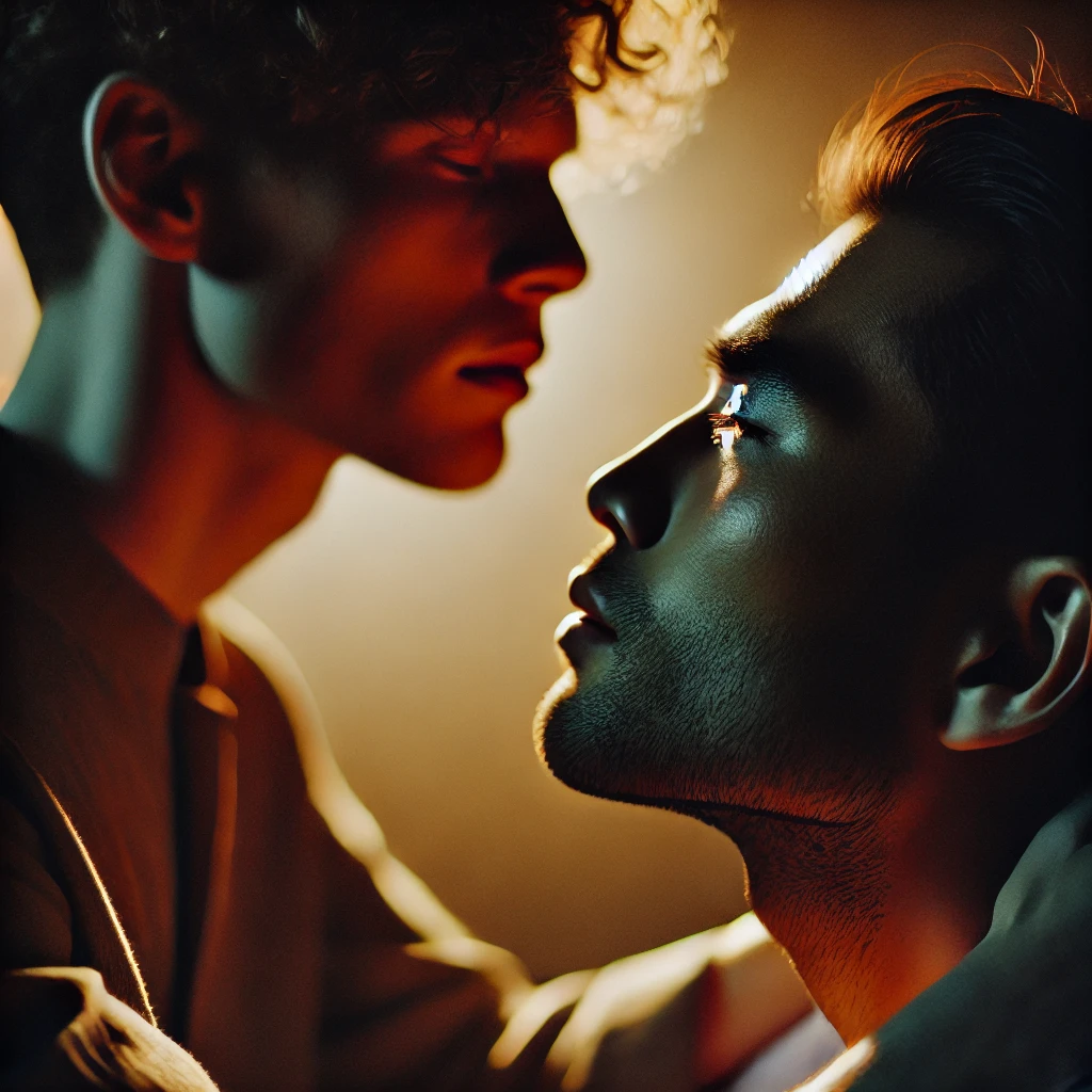 A deeply emotional and intimate photography scene capturing raw human expressions. The image should feature soft lighting, a warm and moody atmosphere.