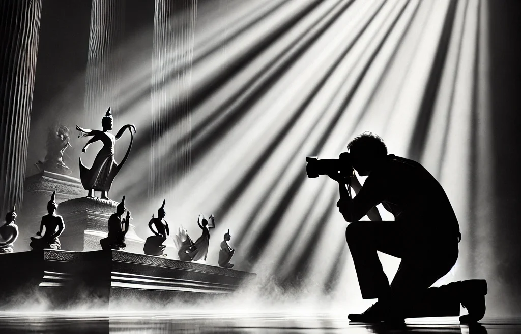 A dramatic black and white photography featuring a skilled photographer capturing an artistic scene with strong contrasts of light and shadow.
