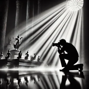 A dramatic black and white photography featuring a skilled photographer capturing an artistic scene with strong contrasts of light and shadow.