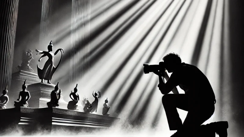 A dramatic black and white photography featuring a skilled photographer capturing an artistic scene with strong contrasts of light and shadow.